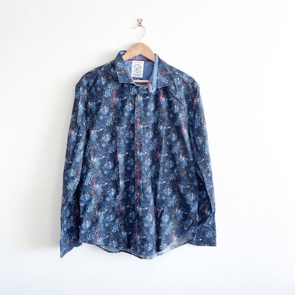 A Fish Named Fred Got Hooked Men's Button Down Shirt Anchor Squid Blue XL - Picture 1 of 9